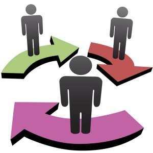 Graphic image of arrows with a person standing on each arrow going around in a circle depicting in-sourcing and outsourcing of SEO marketing work.