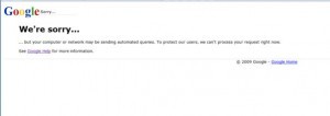 A warning sign from Google that says: "We’re sorry… but your computer or network may be sending automated queries. To protect our users, we can't process your request right now."