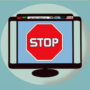 A graphic image depicting a computer monitor with a large red traffic sign that says STOP  this is to support the article about Google blocking search results.