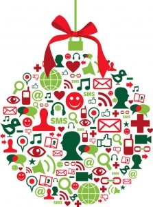 Graphic of a Christmas bauble with icons within it that represent various online marketing services that relate to the Internet.