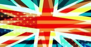 A British flag with a US flag superimposed. It represents the same language